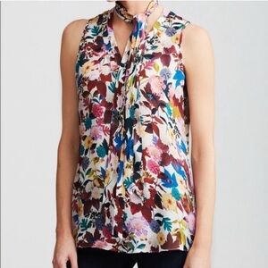 Etcetera Pink Brown Yellow Blue Floral Sleeveless Silk Blend Blouse Fall Leaves